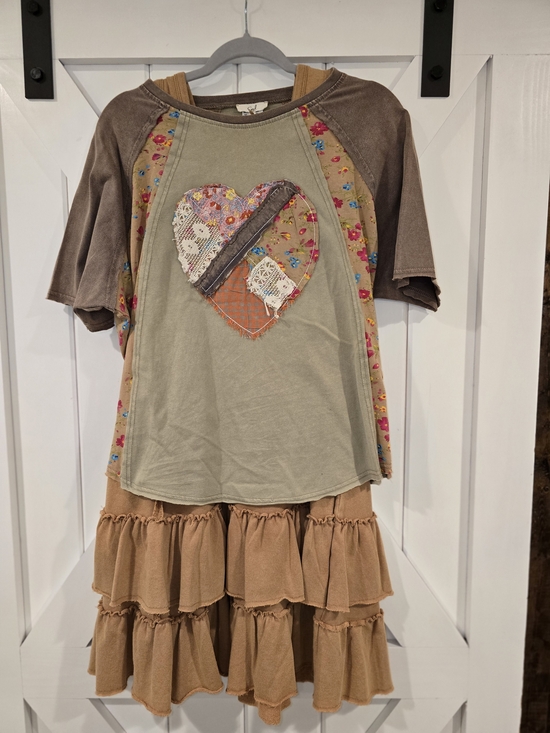 easel Dresses & Skirts - Easel Olive & Brown Patchwork Heart Raglan Tee With Matching Ruffle Tank Dress